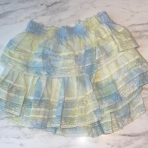 Love shack fancy blue + green ruffle mini skirt